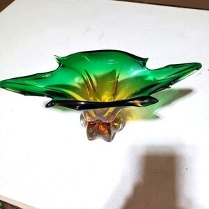 Murano Vintage‎ 1960's Green and Amber Glass Leaf Bowl
